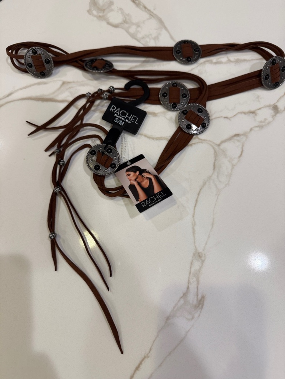 RACHEL Rachel Roy Brown Faux Leather Wrap Belt with Silver Medallions
